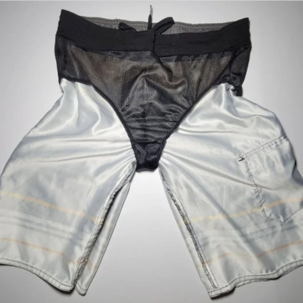 Hang Ten Mens Orange and Gray Striped Swim Trunks With 1 Pocket Size Large